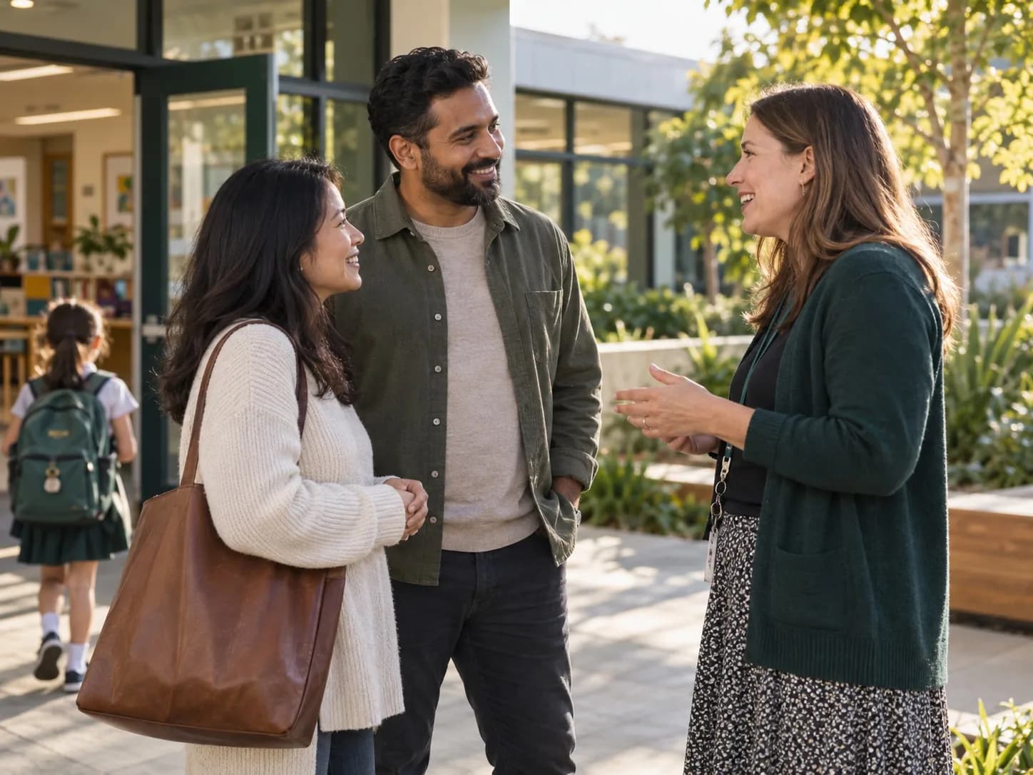 Parents speaking with an educator outside a school